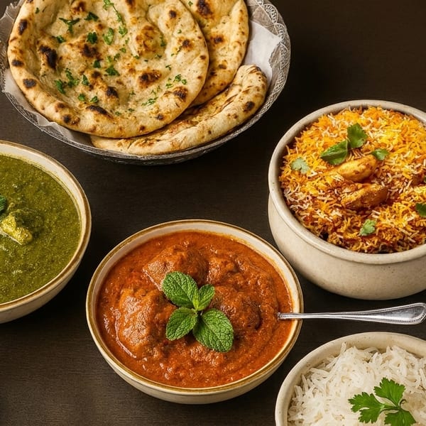 A spread of Indian dishes including naan, biryani, palak paneer, butter chicken, rice, and raita.
